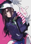  1girl baseball_cap brown_eyes brown_hair d.va_(overwatch) eito_nishikawa eyebrows_visible_through_hair gloves hat headphones headphones_around_neck highres jacket long_hair overwatch pilot_suit solo 