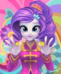  1girl asymmetrical_bangs bangs breasts commentary curly_hair english_commentary eyelashes eyeshadow hair_ornament halogenkn hands lipstick long_hair long_sleeves looking_at_viewer makeup multicolored multicolored_background my_little_pony my_little_pony_equestria_girls my_little_pony_friendship_is_magic ponytail purple_hair rarity signature small_breasts smile solo tied_hair upper_body white_skin 