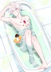  2boys 676643396dolce absurdres arjuna_(fate/grand_order) bath bathing bathtub blue_eyes chest_jewel chibi fate/apocrypha fate/grand_order fate_(series) from_above highres karna_(fate) looking_at_viewer male_focus multiple_boys nude pale_skin rubber_duck solo_focus wet white_hair wince 