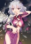  1girl absurdres bow braid breasts burnt_clothes covering covering_crotch covering_mouth cowboy_shot dress dress_tug feathered_wings feathers gunnjou_yosio hair_between_eyes hand_to_own_mouth highres huge_filesize kishin_sagume looking_at_viewer medium_breasts medium_hair no_bra no_panties purple_dress red_bow red_eyes red_neckwear silver_hair single_wing solo thighs torn_clothes torn_dress torn_jacket touhou white_wings wings 