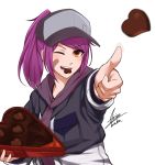  1girl airisubaka artist_name bangs box breasts brown_eyes candy chocolate chocolate_heart commentary eyebrows_visible_through_hair food hat heart highres holding holding_box leah_(airisubaka) long_hair long_sleeves looking_at_viewer medium_breasts one_eye_closed open_mouth original ponytail purple_hair signature simple_background smile solo white_background 