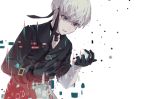  1boy blindfold blindfold_removed blue_eyes choker corruption crying csyko digital_dissolve gloves grey_hair long_sleeves male_focus nier_(series) nier_automata short_hair solo tears white_hair yorha_no._9_type_s 