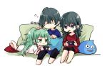  1boy 2girls alternate_costume blue_eyes blue_hair braid byleth_(fire_emblem) byleth_(fire_emblem)_(female) byleth_(fire_emblem)_(male) closed_eyes closed_mouth dragon_quest fire_emblem fire_emblem:_three_houses food green_eyes green_hair hand_on_another&#039;s_head holding long_hair long_sleeves lying multiple_girls naho_(pi988y) nintendo_switch on_stomach open_mouth pocky ribbon_braid short_hair sitting slime_(dragon_quest) sothis_(fire_emblem) twin_braids 
