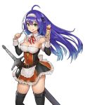  1girl :q alternate_costume belt blue_hair breasts cleavage closed_mouth detached_collar detached_sleeves fire_emblem fire_emblem:_path_of_radiance green_eyes hairband hiyashiru holding holding_spoon long_hair mia_(fire_emblem) scabbard sheath sheathed simple_background solo spoon sword thighhighs tongue tongue_out weapon white_background 