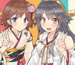  2girls absurdres black_hair blue_eyes brown_hair commentary_request detached_sleeves dokuganryuu flipped_hair flower hair_flower hair_ornament hairband haruna_(kantai_collection) headgear hiei_(kantai_collection) highres japanese_clothes kantai_collection kimono long_hair looking_at_viewer multiple_girls obi ribbon-trimmed_sleeves ribbon_trim sash short_hair smile upper_body v white_kimono 