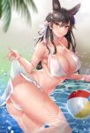  1girl ass atago_(azur_lane) atago_(midsummer_march)_(azur_lane) azur_lane ball bangs beachball bikini black_hair breasts commentary_request extra_ears highres large_breasts long_hair looking_at_viewer mole mole_under_eye nelf ribbon sarong sarong_lift solo swept_bangs swimsuit water white_bikini white_ribbon white_swimsuit 