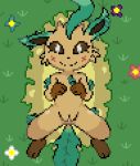  2020 3_toes blush brown_eyes digital_media_(artwork) eeveelution female feral flower genitals gloves_(marking) grass happy imactuallygarbage leaf_ears leaf_tail leafeon leg_markings looking_at_viewer lying markings nintendo nude on_back outside pixel_(artwork) plant pok&eacute;mon pok&eacute;mon_(species) presenting presenting_pussy pussy simple_background smile socks_(marking) solo spreading toes video_games 