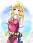  1girl arms_behind_back blonde_hair blue_eyes blush breasts cloud day dress eyebrows_visible_through_hair hair_ribbon highres jewelry looking_at_viewer open_mouth pink_dress pointy_ears princess_zelda racket_ti1 ribbon sky smile solo the_legend_of_zelda the_legend_of_zelda:_skyward_sword 