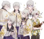  6+boys blue_eyes blush character_sheet csyko fate/grand_order fate_(series) flower gao_changgong_(fate) hair_between_eyes hair_flower hair_ornament hawaiian_shirt hibiscus holding holding_mask instrument m male_focus mask mask_removed multiple_boys multiple_persona pout shirt short_ponytail silver_hair sparkle sunglasses towel towel_around_neck ukulele 