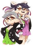  +_+ 2girls alternate_hairstyle aori_(splatoon) artist_name black_hair black_jacket breasts brown_eyes choker company_connection cosplay cousins domino_mask dress earrings fangs gradient_hair green_dress green_hair grey_hair grin hair_ribbon hand_on_hip highres holding holding_poke_ball hotaru_(splatoon) isamu-ki_(yuuki) jacket jewelry long_hair long_sleeves looking_at_viewer mary_(pokemon) mary_(pokemon)_(cosplay) mask medium_breasts medium_hair mole mole_under_eye multicolored_hair multiple_girls open_clothes open_jacket open_mouth pendant pink_dress pink_hair pointy_ears poke_ball pokemon pokemon_(game) pokemon_swsh red_ribbon ribbon sharp_teeth short_dress signature simple_background smile splatoon_(series) splatoon_2 standing teeth tentacle_hair twintails undercut white_background 