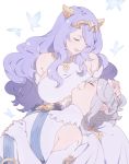  1boy 1girl ai-wa bug butterfly camilla_(fire_emblem) closed_eyes commission corrin_(fire_emblem) corrin_(fire_emblem)_(male) dress elbow_gloves fire_emblem fire_emblem_fates fire_emblem_heroes gloves hand_on_another&#039;s_head highres insect lap_pillow long_hair open_mouth pointy_ears purple_hair simple_background tiara white_background white_gloves white_hair 