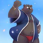  1:1 2020 anthro asian_clothing belly black_body black_fur blush clothing east_asian_clothing fundoshi fur hi_res humanoid_hands japanese_clothing kemono male mammal navel pubes shiike999 shirt simple_background slightly_chubby topwear underwear ursid 