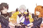  1girl 2boys absurdres ahoge blue_eyes blurry blush chinese_clothes csyko depth_of_field emphasis_lines fate/grand_order fate_(series) fingerless_gloves fujimaru_ritsuka_(female) fujimaru_ritsuka_(male) gao_changgong_(fate) gloves goblet grey_hair hair_between_eyes hair_ornament hair_scrunchie highres holding holding_mask male_focus mask multiple_boys multiple_girls orange_hair outstretched_arm polar_chaldea_uniform scrunchie short_hair side_ponytail silver_hair yellow_eyes 