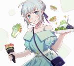  1girl alternate_costume bare_shoulders blue_dress crepe csyko dress earrings fate/grand_order fate_(series) food gray_(lord_el-melloi_ii) green_eyes grey_hair hair_between_eyes hair_bun hair_ribbon holding holding_food jewelry no_headwear parted_lips ribbon shaved_ice solo 