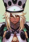  1girl bangs beltbra blonde_hair breasts cape cleavage dark_skin guilty_gear guilty_gear_xrd hankuri hat high_collar long_hair looking_at_viewer open_mouth orange_eyes portrait ramlethal_valentine simple_background solo white_cape yellow_eyes 