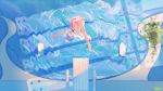  &gt;_&lt; 1girl :d animal animal_on_head atdan bangs bare_arms bare_legs barefoot bikini blue_eyes blue_hair blue_ribbon blue_theme covering covering_crotch day dress_swimsuit falling from_above haiyi highres jellyfish looking_at_viewer on_head open_mouth outstretched_arms plant pool poolside ribbon ripples short_hair smile spread_arms strapless strapless_bikini swimsuit synthesizer_v upside-down vocaloid vsinger water window_shade 
