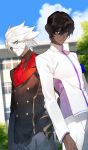  2boys arjuna_(fate/grand_order) black_eyes black_hair blue_eyes craft_essence dark_skin dark_skinned_male fate/grand_order fate_(series) formal hand_in_pocket high_collar highres jewelry karna_(fate) male_focus multiple_boys necktie official_art red_eyeshadow school_uniform shiramine_(srmn09) single_earring suit versus_(fgo) white_hair 