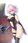  1girl black_legwear breasts cleavage closed_mouth elbow_gloves eyebrows_visible_through_hair fate/grand_order fate_(series) gloves hair_between_eyes highres koflif large_breasts looking_at_viewer mash_kyrielight navel pink_hair purple_eyes shield short_hair simple_background smile solo standing thighhighs white_background 