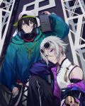  2boys alternate_costume baseball_cap black_hair blue_eyes boombox chinese_clothes contemporary csyko eyewear_on_head fate/grand_order fate_(series) gao_changgong_(fate) grey_hair hair_between_eyes hat hood hoodie long_hair male_focus multiple_boys off_shoulder ponytail silver_hair sunglasses yan_qing_(fate/grand_order) 