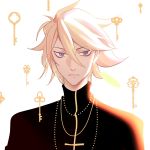  1boy 676643396dolce blue_eyes cassock cross cross_necklace fate/apocrypha fate_(series) highres jewelry karna_(fate) key male_focus necklace portrait red_eyeshadow solo white_hair 