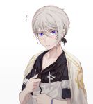  1boy blue_eyes blush csyko fate/grand_order fate_(series) gao_changgong_(fate) grey_hair hair_between_eyes hood hoodie jacket male_focus short_ponytail shy silver_hair solo sweatdrop towel towel_around_neck 