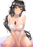  1girl azur_lane bangs black_hair blush bow breast_hold breasts brown_eyes casual_one-piece_swimsuit cleavage criss-cross_halter eyebrows_visible_through_hair flower hair_bow hair_flaps hair_flower hair_ornament halterneck heart-shaped_food large_breasts long_hair looking_at_viewer mokyumokyuchan one-piece_swimsuit ponytail sitting smile solo swimsuit takao_(azur_lane) takao_(beach_rhapsody)_(azur_lane) very_long_hair white_bow white_swimsuit 