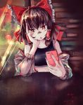  1girl :o artist_name bandaid bandaid_on_nose bow bright_pupils brown_hair city commentary_request crop_top dated detached_sleeves hair_bow hakurei_fling hakurei_reimu head_rest head_tilt highres holding holding_phone indoors looking_at_viewer nail_polish phone pink_nails red_bow red_eyes sidelocks solo table touhou upper_body window 