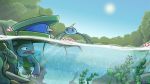  absurdres afloat black_eyes blue_sky claws commentary_request creature day forest full_body gen_3_pokemon highres kou_osmtaka lombre lotad nature no_humans outdoors partially_submerged plant pokemon pokemon_(creature) signature sky sun surskit tree water 