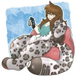  1:1 2017 animate_inanimate breasts brown_hair cleavage clothed clothing eyewear featureless_crotch felid female glasses hair hi_res inanimate_transformation inflatable kae_(agcb) living_inflatable mammal nozzle nut-case pantherine phone sitting smile snow_leopard solo transformation 