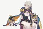  3boys blue_eyes cape chibi chinese_clothes clone csyko fate/grand_order fate_(series) gao_changgong_(fate) grey_hair hair_between_eyes male_focus mask mask_removed multiple_boys silver_hair sitting smile 