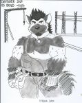  anthro builder clothed clothing construction english_text fur hi_res hyaenid hyenajack inktober ligoni male mammal musclegut muscular nipples overalls pecs simple_background solo text tools 