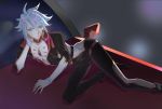  1boy 676643396dolce absurdres adonis_belt black_pants blue_eyes bodysuit chest_jewel collared_shirt fate/extella fate/extella_link fate/extra fate_(series) highres jewelry karna_(fate) lying male_focus on_side pale_skin pants revealing_clothes shirt single_earring solo v-neck white_hair 