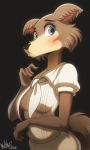  2020 3:5 anthro beastars black_nose blue_eyes blush brown_body brown_fur canid canine canis clothed clothing female fur juno_(beastars) looking_at_viewer mammal multicolored_body multicolored_fur simple_background snout solo standing white_body white_fur wildblur wolf 