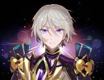  1boy blue_eyes blurry bokeh chinese_clothes csyko depth_of_field emphasis_lines fate/grand_order fate_(series) gao_changgong_(fate) grey_hair hair_between_eyes holding holding_mask male_focus mask mask_removed mile silver_hair smile solo 