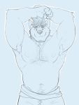  3:4 akio beard belly biceps canid canine canis clothed clothing facial_hair hairy hi_res male mammal manly musclegut muscular navel nipples o-ro pecs smile solo topless wolf 