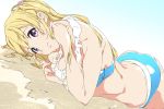  1girl 22/7 bikini blonde_hair fujima_sakura hair_ornament long_hair looking_at_viewer lying on_stomach one_side_up purple_eyes smile solo swimsuit umanosuke 