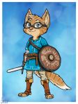  3_toes bad_guy_cafe blade blue_eyes breath_of_the_wild cosplay domestic_cat eyewear felid feline felis female glasses mammal melee_weapon nintendo sand_fur sarha_solar shield sword the_legend_of_zelda toes video_games weapon ziegelzeig 