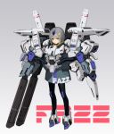  1girl armor beam_cannon coat fazz_(gundam) full_body green_eyes grey_background grey_hair gundam hands_in_pockets leggings looking_at_viewer mecha_musume nkmr8 personification solo thrusters tube 