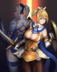  absurdres armor blonde_hair breasts cassandra_alexandra cleavage commentary dress elbow_gloves gloves green_eyes highres large_breasts nyatokanyaru pantyhose shield short_hair soulcalibur sword thighhighs weapon 