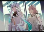  1boy 1girl asclepius_(fate/grand_order) csyko fate/grand_order fate_(series) florence_nightingale_(fate/grand_order) gradient_hair green_hair grey_hair hair_between_eyes hands_in_pockets hat labcoat long_hair multicolored_hair nurse nurse_cap pink_hair silver_hair snake 
