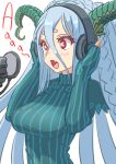  1girl blue_hair braid breasts fang fate/grand_order fate_(series) headphones horns large_breasts long_hair microphone nyantiu pink_eyes sleeves_past_wrists sweater symbol-shaped_pupils tiamat_(fate/grand_order) 