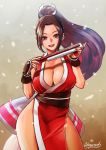  1girl abazu-red breasts brown_eyes closed_fan cowboy_shot fan fatal_fury folding_fan high_ponytail highres large_breasts long_hair looking_at_viewer ninja pelvic_curtain ponytail revealing_clothes rope shiranui_mai sideboob sleeveless solo standing the_king_of_fighters 