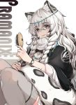  1girl animal_ear_fluff animal_ears arknights bangs black_cape blush braid cape commentary_request grey_eyes grey_legwear hair_between_eyes headpiece highres holding_comb jewelry leopard_ears leopard_tail long_hair looking_at_viewer necklace parted_lips pramanix_(arknights) qijiwan_goldyu solo tail thighhighs turtleneck twin_braids watch white_background white_hair 