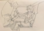  1girl ahoge breasts car_interior closed_mouth dagashi_kashi glasses highres jacket kotoyama looking_at_viewer medium_hair monochrome owari_hajime solo 