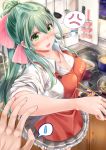  1girl absurdres alternate_hairstyle anger_vein apron ayakase_hotaru blouse blush breasts brown_skirt chopsticks cleavage collarbone cooking eyebrows_visible_through_hair fang frying_pan green_eyes green_hair hair_between_eyes highres holding holding_chopsticks kantai_collection large_breasts long_hair open_mouth pleated_skirt ponytail pot red_apron skirt solo_focus spoken_anger_vein spoken_sweatdrop suzuya_(kantai_collection) sweatdrop white_blouse 