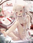  1girl 2020 :d absurdres albino bare_legs barefoot between_toes bow box cheesecake choker dress fate/kaleid_liner_prisma_illya fate_(series) flower food frills gift gift_box hair_ornament heart-shaped_box highres holding illyasviel_von_einzbern long_hair looking_at_viewer macaron open_mouth panties pantyshot pudding red_bow red_eyes red_flower red_rose rose sitting smile soles solo striped striped_panties toes two_side_up underwear utatanecocoa valentine white_dress white_flower white_hair white_rose 