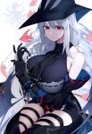  1girl arknights bare_shoulders black_gloves braid breasts commentary_request detached_sleeves gloves hair_between_eyes hat large_breasts long_hair looking_at_viewer parted_lips red_eyes silver_hair sitting skadi_(arknights) solo thigh_cutout very_long_hair xiujia_yihuizi 
