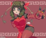  2019 anthro asian_clothing blush breasts chinese_clothing clothing east_asian_clothing female gesture giant_panda green_eyes green_hair hair hi_res leaf mammal mofumofumachine open_mouth simple_background smile solo ursid v_sign 