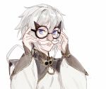  1boy blue_eyes chinese_clothes csyko fake_facial_hair fake_mustache fate/grand_order fate_(series) funny_glasses gao_changgong_(fate) glasses grey_hair hair_between_eyes holding holding_eyewear male_focus short_hair silver_hair solo 