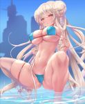  1girl artist_name azur_lane barefoot bikini blue_bikini blush breasts commentary_request double_bun eyebrows_visible_through_hair formidable_(azur_lane) formidable_(the_lady_of_the_beach)_(azur_lane) highres large_breasts long_hair navel orange_eyes partially_submerged platinum_blonde_hair solo squatting swimsuit tougetsu_gou very_long_hair water 